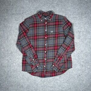 Fred Perry Shirt Womens 2 Gray Plaid Flannel Button Down Laurel Wreath Preppy